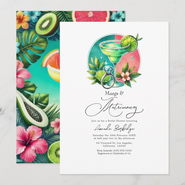 Coral, Turquoise och Lime Margs & Matrimony Bridal Inbjudningar (Fram/baksida)