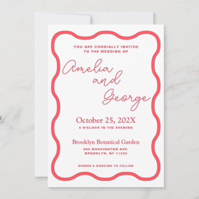 Coral Vågigt Retro Photo Wedding-inbjudan Inbjudningar (Framsida)