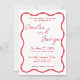 Coral Vågigt Retro Photo Wedding-inbjudan Inbjudningar