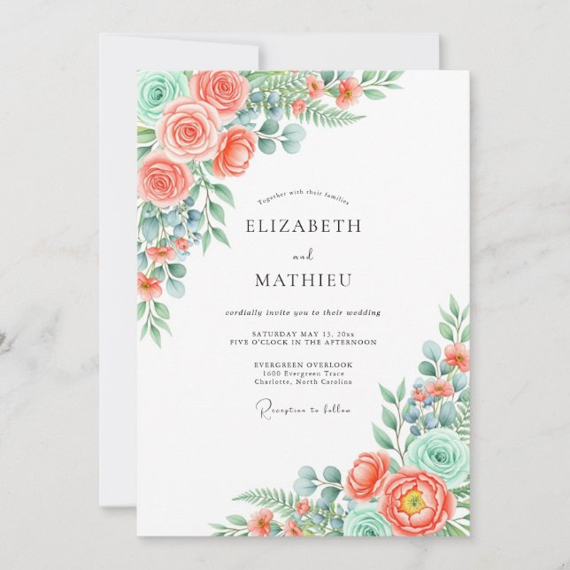 Coral Verdant Blossom Wedding Inbjudningar (Framsida)