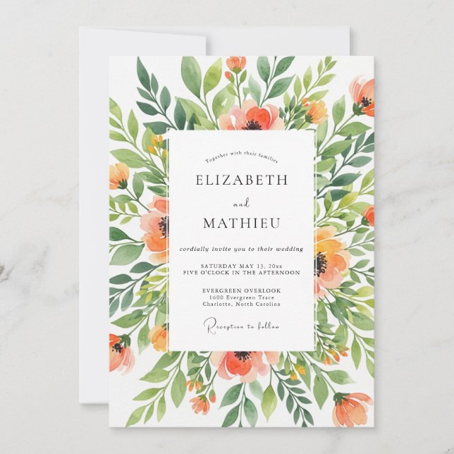 Coral Verdant Floral Wedding Inbjudningar (Framsida)