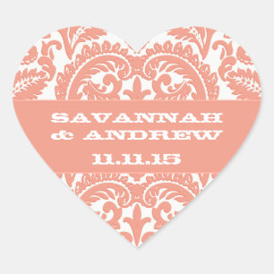 Coral Victorian Vintage Damask Heart Bröllop Seal Hjärtformat Klistermärke