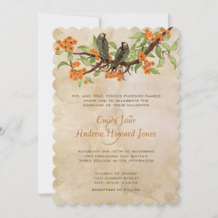 Coral Vintage Love birds Tea Stain Bröllopsinbjudn Inbjudningar