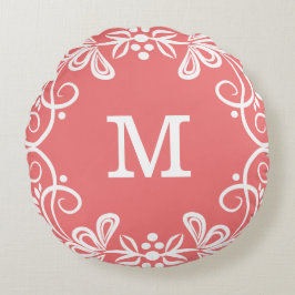 Coral White Anpassningsbar Monogram Decorative Rund Kudde