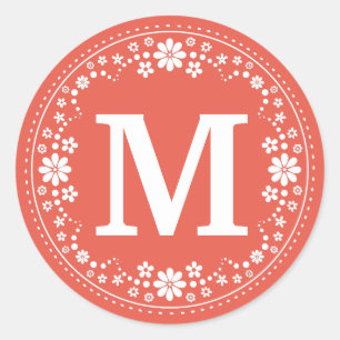 Coral White Blommigt Wand Monogram Runt Klistermärke