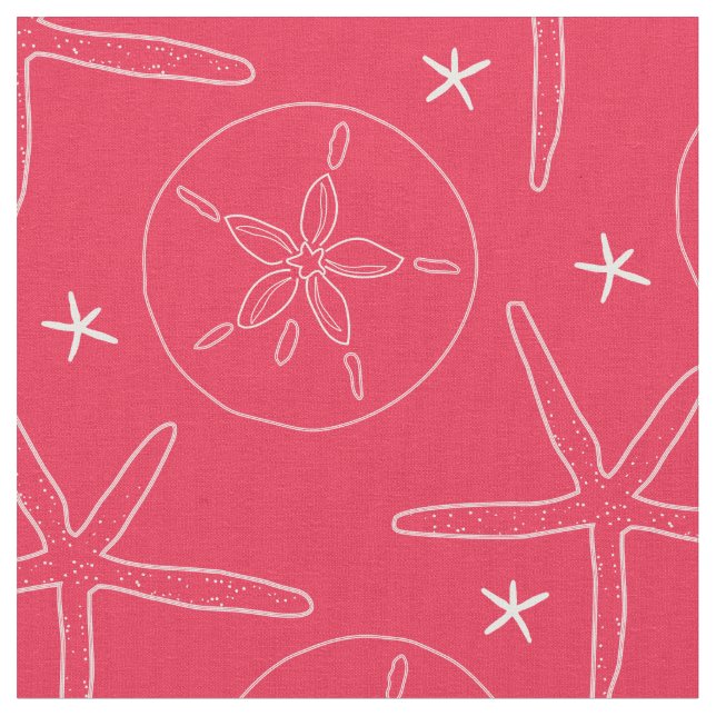 Coral & White Coastal Starfish, Sand Dollar Fabric Tyg (Närbild)