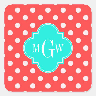 Coral White Dots Brt Aqua Quatrefoil 3 Monogram Fyrkantigt Klistermärke