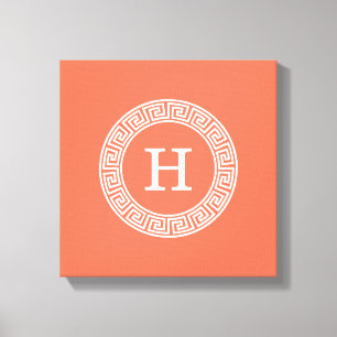 Coral White Grekiska Nyckel Rnd Ram Initial Monogr Canvastryck