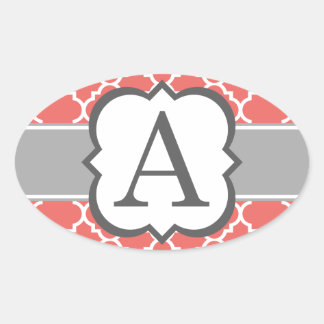 Coral White Monogram Brev A Quatrefoil Ovalt Klistermärke