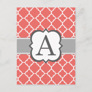 Coral White Monogram Brev A Quatrefoil Vykort