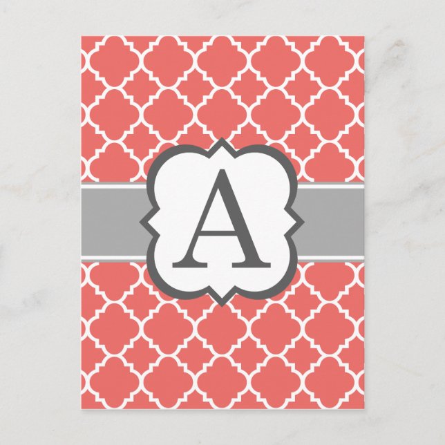 Coral White Monogram Brev A Quatrefoil Vykort (Framsida)