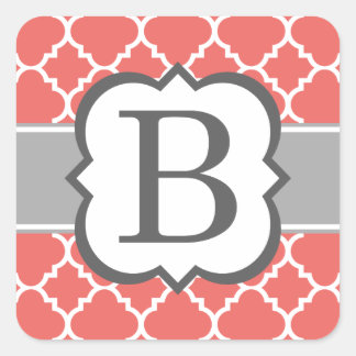 Coral White Monogram Brev B Quatrefoil Fyrkantigt Klistermärke