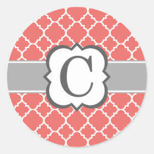 Coral White Monogram Brev C Quatrefoil Runt Klistermärke