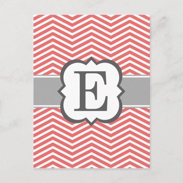 Coral White Monogram Brev E Chevron Vykort (Framsida)