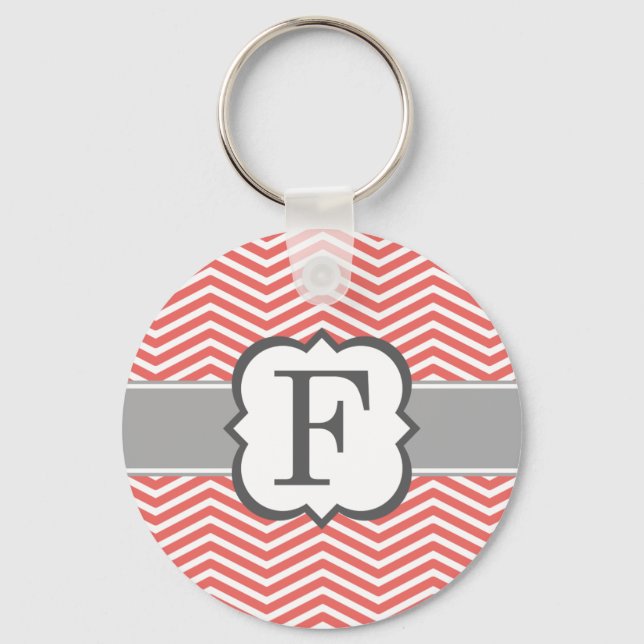 Coral White Monogram Brev F Chevron Nyckelring (Framsida)