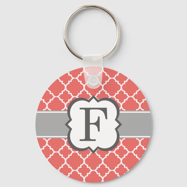 Coral White Monogram Brev F Quatrefoil Nyckelring (Framsida)