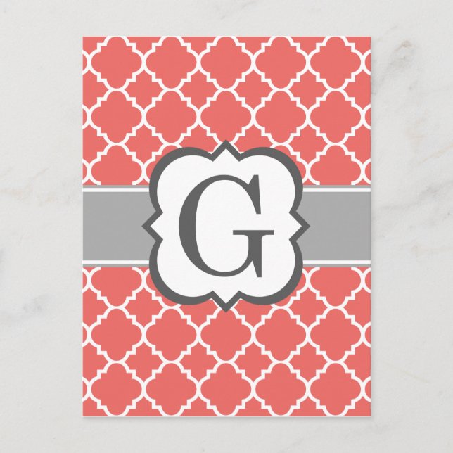 Coral White Monogram Brev G Quatrefoil Vykort (Framsida)