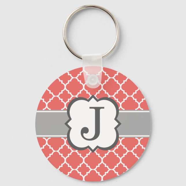 Coral White Monogram Brev J Quatrefoil Nyckelring (Framsida)