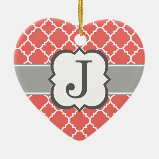 Coral White Monogram Brev J Quatrefoliil Julgransprydnad Keramik (Framsidan)