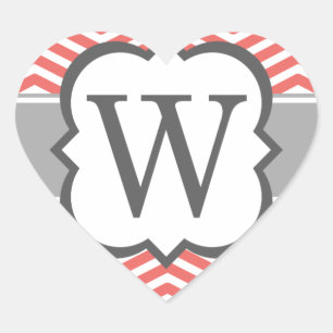 Coral White Monogram Brev W Chevron Hjärtformat Klistermärke