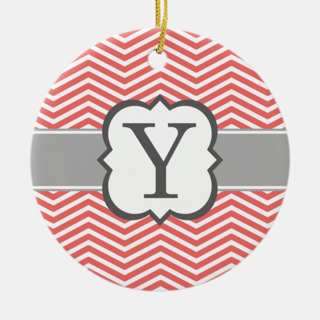 Coral White Monogram Brev Y Chevron Julgransprydnad Keramik (Framsidan)