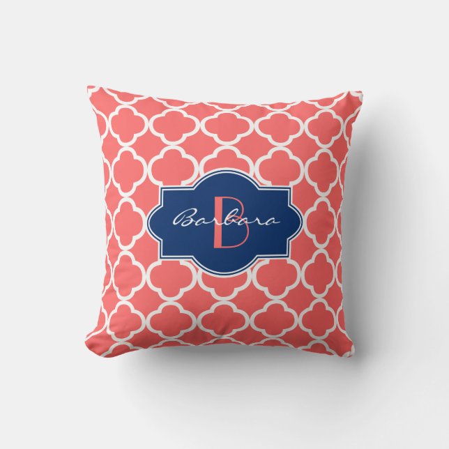 Coral & White Quatrefoil Geometric Mönster Kudde (Framsida)