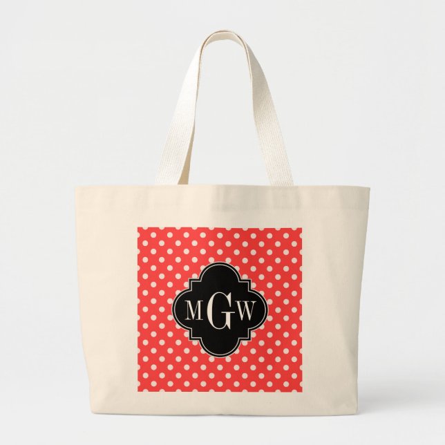 Coral Wht Polka dots Black Quatrefoil 3 Monogram Jumbo Tygkasse (Framsidan)