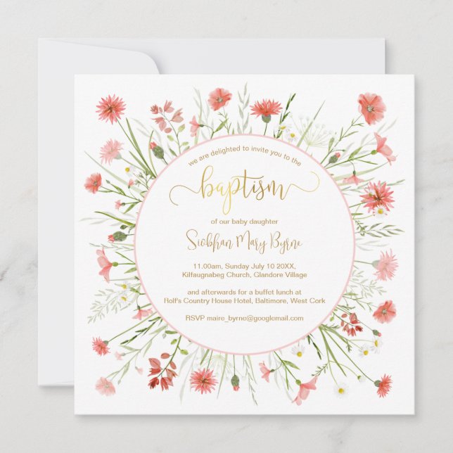 Coral Wildblombaptism Announcement Guld Font Inbjudningar (Framsida)