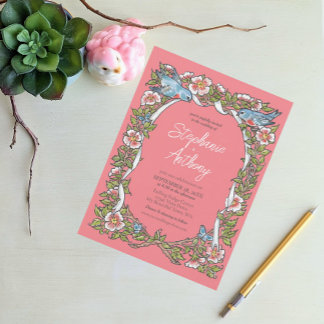 Coral Wildblomd Bird Blommigt Gräns Boho Bröllop Inbjudningar