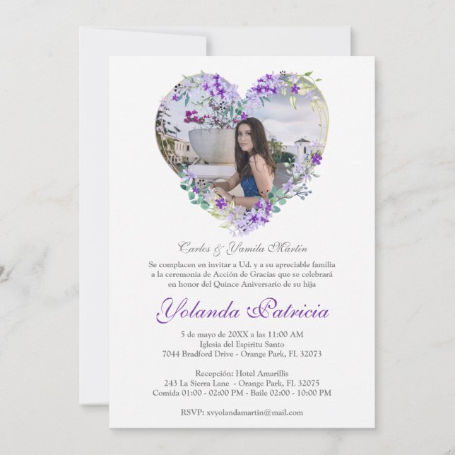 Corazón Blommigt en Morado con Foto de Quinceañera (Framsida)