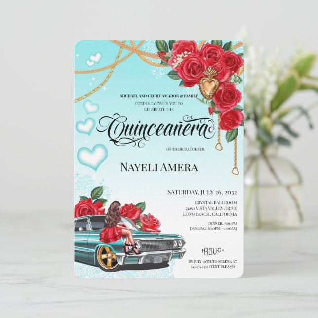 Corazón de Milagros Lowrider Chola Chicana Quince Inbjudningar (Stående Fram)