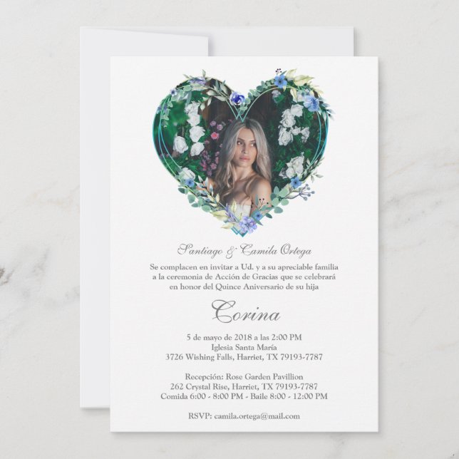 Corazón Floral en Azul con Foto de Quinceañera (Framsida)