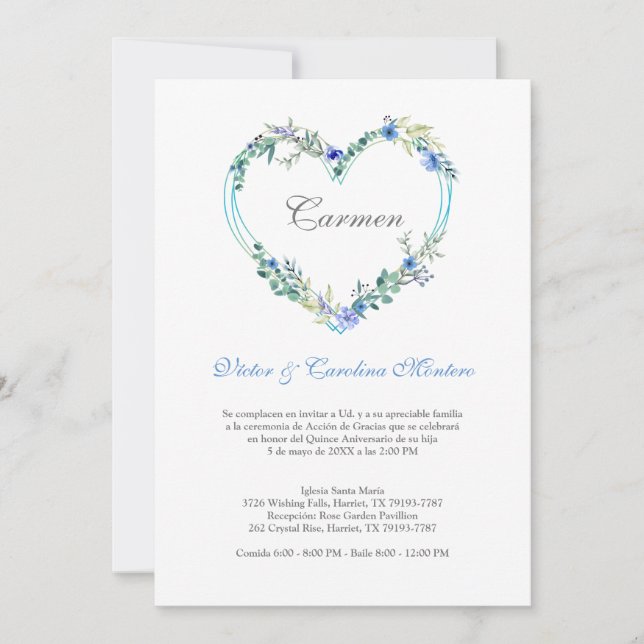 Corazón Floral en Azules para Quinceañera (Framsida)