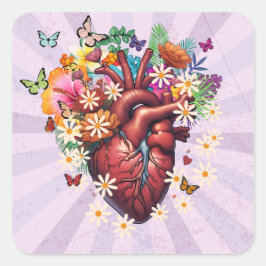 Corazon vintage entre flores e mariposas. fyrkantigt klistermärke