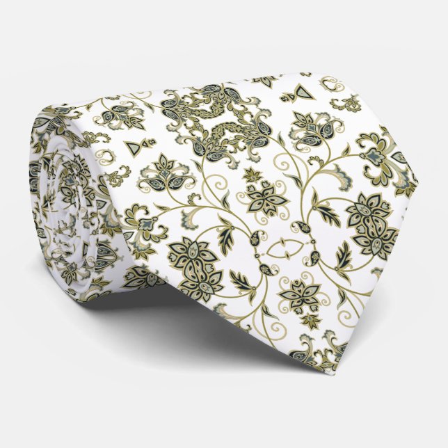 Corbata blanca con decoración verde oliva suave slips (Rullad)