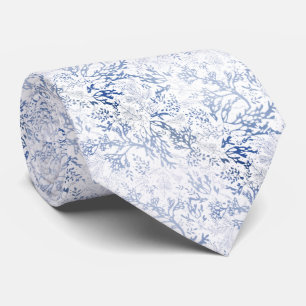 Corbata elegante blanco con corales y hojas azules slips