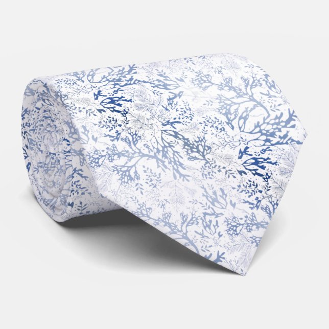 Corbata elegante blanco con corales y hojas azules slips (Rullad)