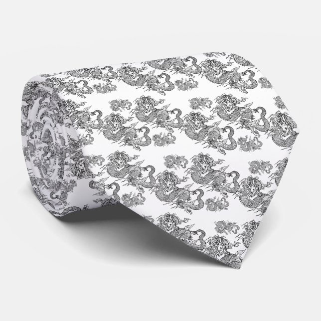 Corbata elegante blanco con dragón negro slips (Rullad)