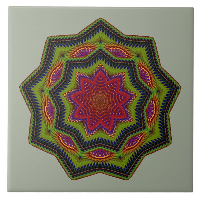 Corded Grönt and Red Mandala Star Kakelplatta (Framsidan)