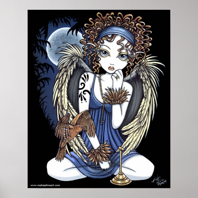 "Cordelia" Gothic Måne Oil Bird Angel Art Poster (Framsidan)