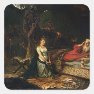 Cordelia och Kung Lear (olja på canvas) Fyrkantigt Klistermärke