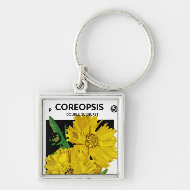 Coreopsis Fyrkantig Silverfärgad Nyckelring (Framsidan)