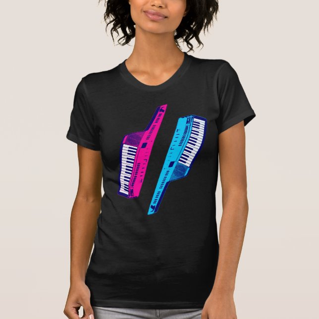 Corey Tiger 80's Retro Keytar Rosa & Blue T-shirt (Framsida)