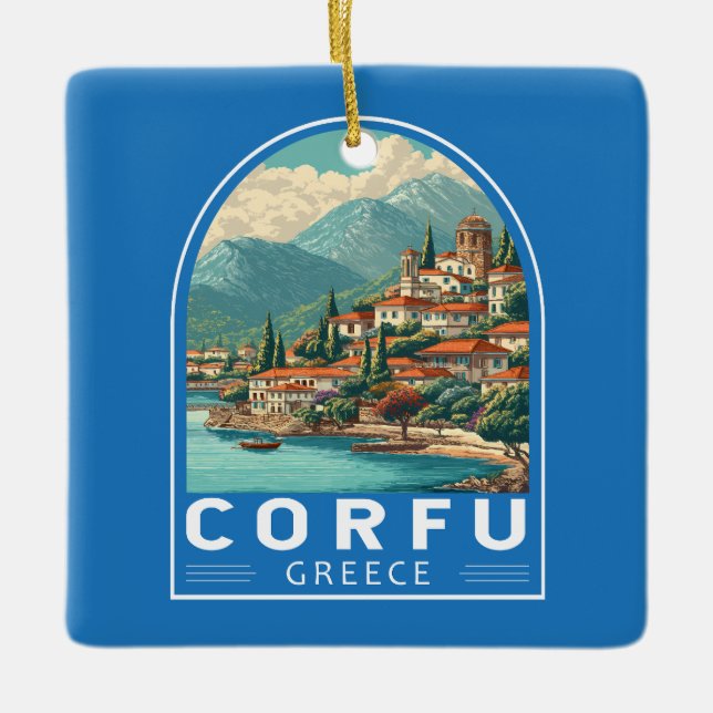 Corfu Greece Travel Art Emblem Julgransprydnad Keramik (Framsida)