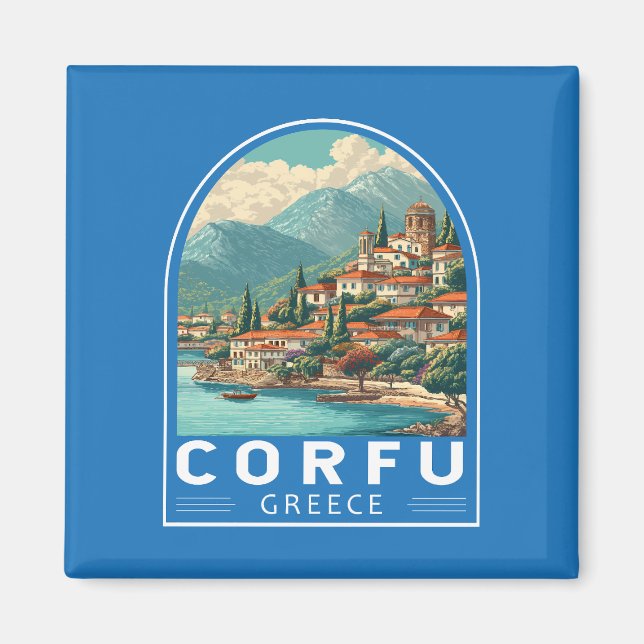 Corfu Greece Travel Art Emblem Magnet (Framsidan)