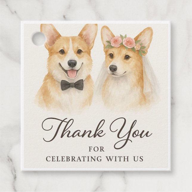 Corgi Akvarell Bröllop Tack Gåvor Etiketter (Framsida)