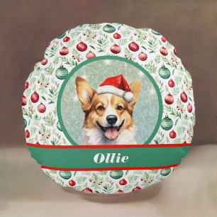 Corgi Art med Santa Hat och Mönster vid jul Rund Kudde