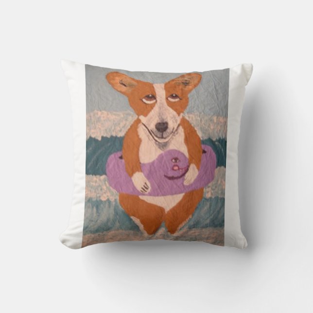 Corgi at the Beach T-Shirt Kudde (Framsida)