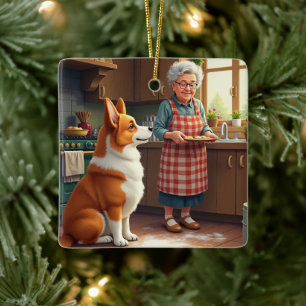 Corgi bakar med farmor julmålning julgransprydnad keramik