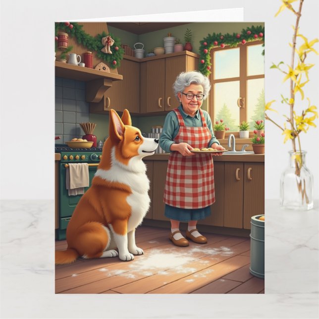 Corgi bakar med farmor julmålning kort (Gul blomma)